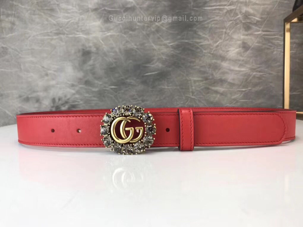 Gucci Leather Belt With Double G And Crystals Red 30mm